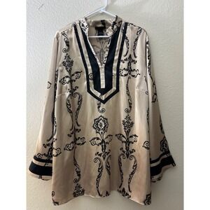 Lane Bryant Plus Size 22/24 Damask Print Satin Tunic Blouse Champagne Black A955